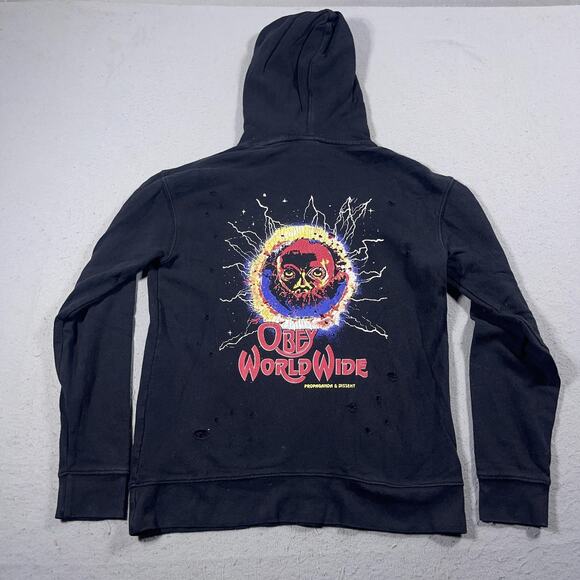 Obey Hoodie Mens Small Distressed Pullover Skull Graphic Streetwear Trashcore - Picture 7 of 9